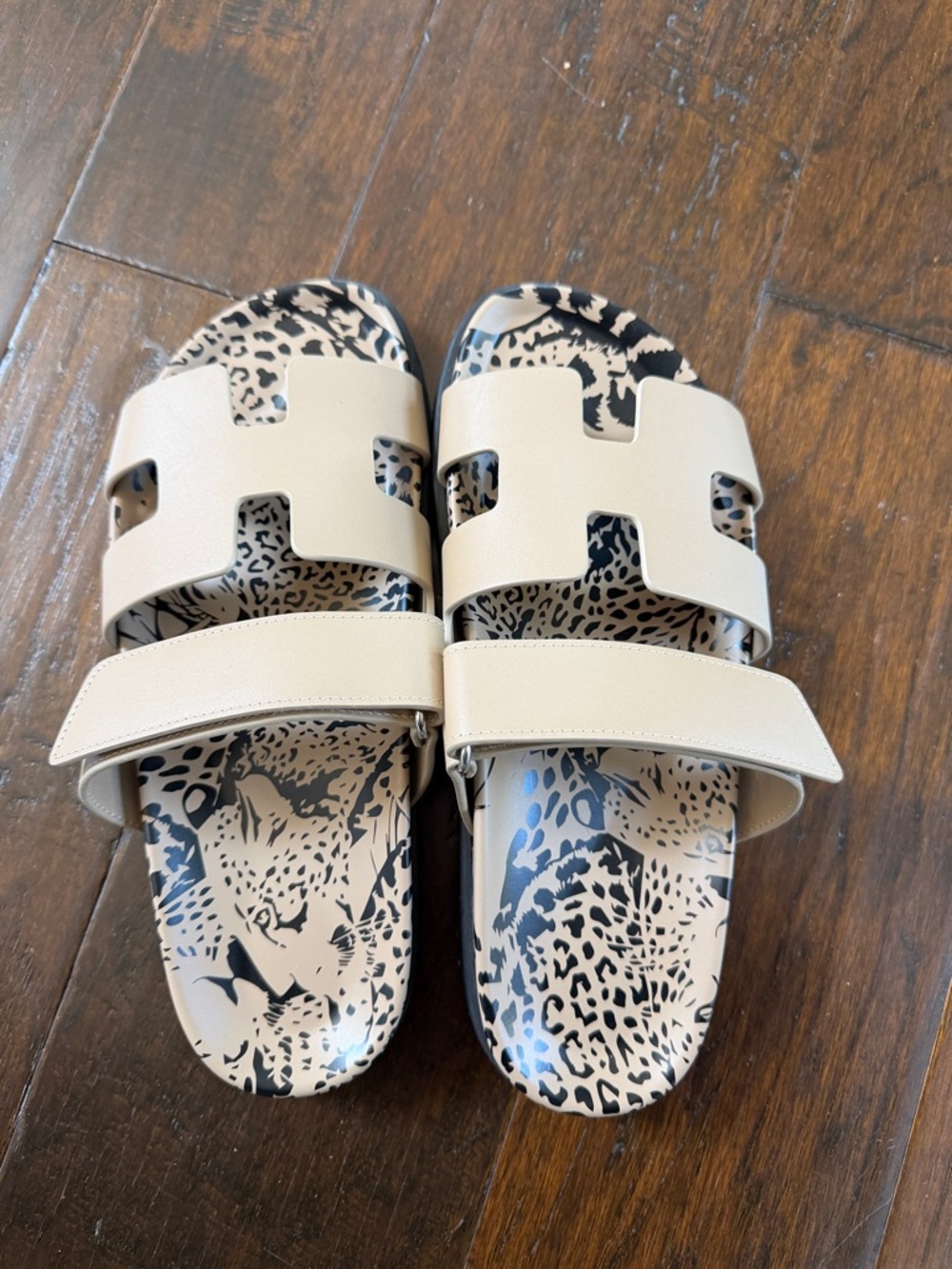Hermes Beige Sandals with Leopard-Print Insole